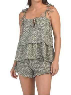 Saatvik Olive Floral Ruffle Tie-Shoulder 2pc Lounge Set